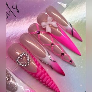 3XL stiletto press on nails rhinestones pink bow French tips white ombré silver